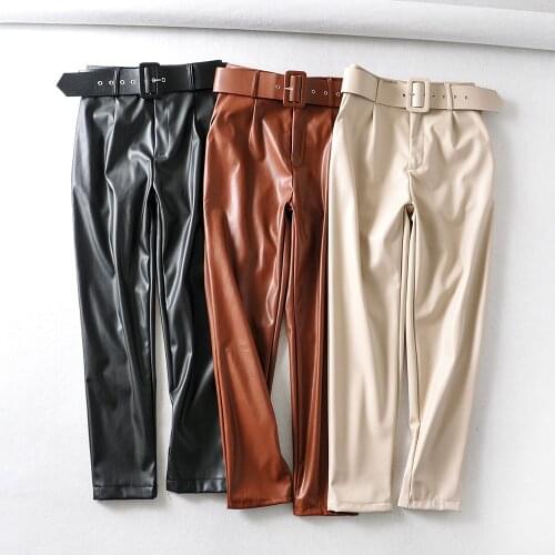 2021 Spring/Autumn Womens High Waist Plus Velvet PU Leather Leather Pants Womens Casual Pants with Belt Pockets Mid Sweat