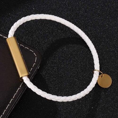 Women Bracelet White Braided Leather Bracelets for Women Stainless Steel Clasp Jewelry Gift BB0718