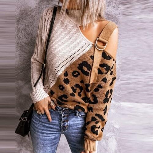 Women Leopard Print Patchwork Pullover Tops Ladies Casual Long Sleeve Sweaters3XL Sexy Off Shoulder Turtleneck Knitted Sweater