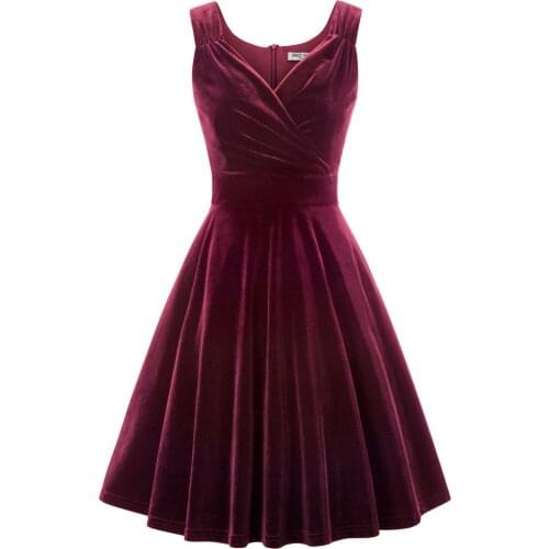 Womens Velvet Dress Solid Sleeveless Surplice V-Neck Flared A-Line Dress elegant sexy ruched knee length evening party dresses