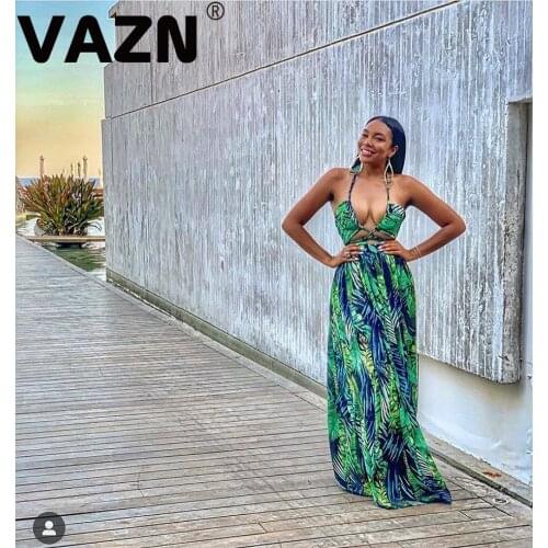 VAZN 2020 Hot Hollow out Chiffon Open Holiday Sexy Young Style Halter Sleeveless Backless Women High Waist A-line Maxi Dress