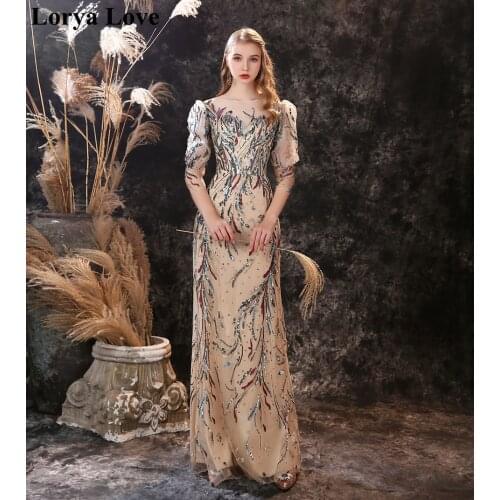 Mermaid Sequin Evening Dresses 2020 Prom Gowns Women Formal Robe De Soiree Three Quarter Sleeves Fashion Champagne Evening Dress