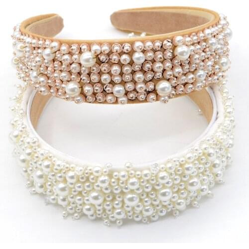 2021 Korean Women Girls Baroque Full Pearl Glass Beads Rhinestone Hairband Headband Adult Hair Accessories