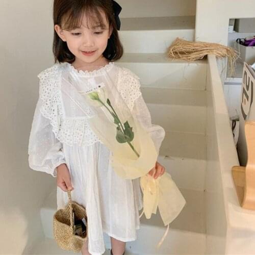 2021 Spring New Arrival Kids Long Sleeve White Princess Dress 100% Cotton Lace Embroidery Elegant Girls Dress Toddler Clothes