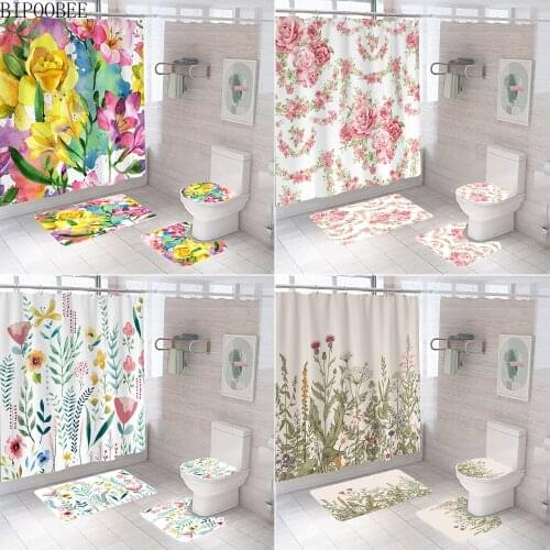Colorful Flower Shower Curtain High Quality Beautiful Flowers Pedestal Rug Lid Toilet Cover Bath Mats Rugs Bathroom Curtains Set