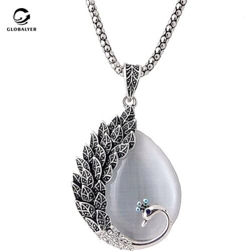 European and American retro peacock opal pendant Long sweater chain Women necklace Clothing pendant accessories 641