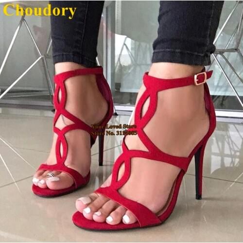 Choudory Red Black Suede Cut-out Cage Sandals Thin High Heels Cross Strappy Dress Shoes Buckle Strap Pumps Gladiator Shoes Pumps