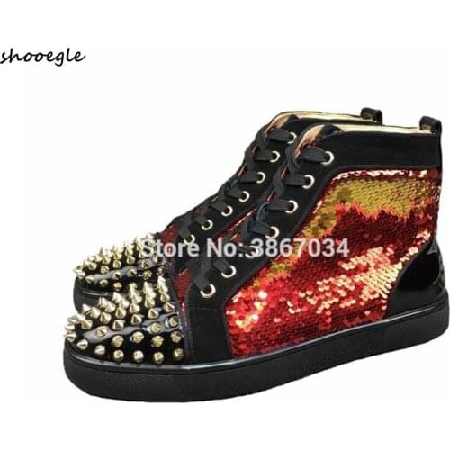 SHOOEGLE Casual Shoes EU 39-47 Men Espadrilles Shoes Glitter Studs Sneakers High Top Rivets Platforms Fashion Men Thick Flats