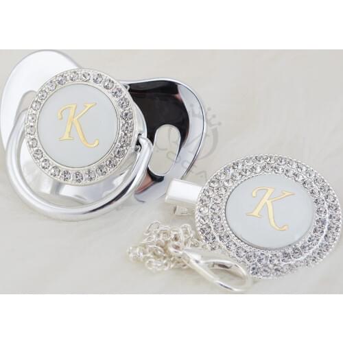 MIYOCAR silver Initials letter K lovely bling pacifier and pacifier clip set unique BPA free dummy bling baby shower gift LK-1