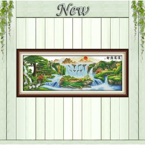 Mountain river scenery painting Pine tree Crane Counted print on canvas DMC14CT 11CT Cross Stitch Needlework kits Embroider Sets