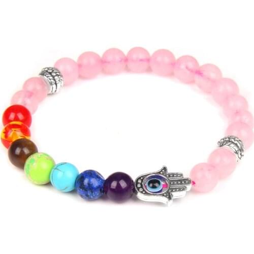 Natural Rose Quartzs Bracelet Hamsa Hand Of Fatima 7 Chakras Bracelets For Women Men Evil Eye Enamel Ethnic Handmade Jewelry