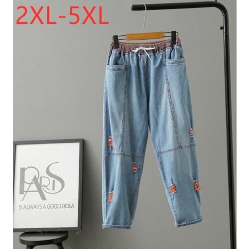 New 2021 Ladies Autumn Winter Plus Size Haren Jeans For Women Large Slim Cotton Blue Pocket Hole Denim Trousers 2XL 3XL 4XL 5XL