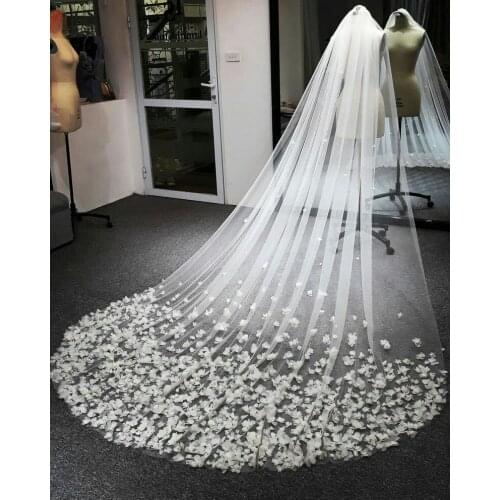 New 3D Flowers Long Bridal Veils Appliques Soft Tulle Wedding Veil Vestido De Noiva Custom Made Wedding Accessories