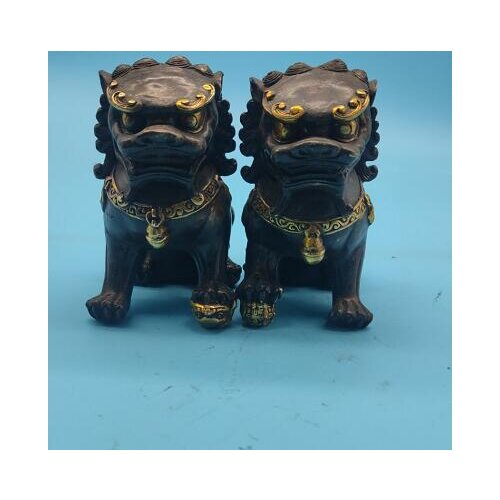 Pair of Chinese Bronze Feng shui Lion Foo Fu Dog Statue Brass