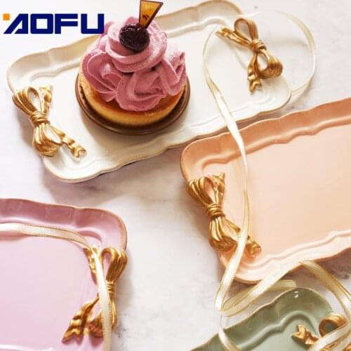 Storage Tray Food Dish Organizer Decor Creative Resin Dessert Plate Gold Macarons Color Bow Cake Storage Trays Jewelry Display