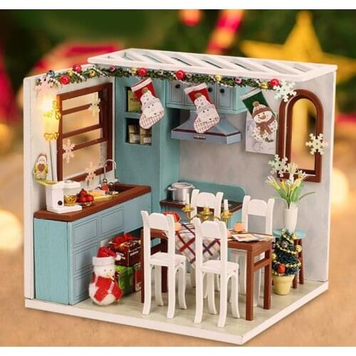 Christmas Goods Diy Miniature Dollhouse Kit Wooden House Kitchen Room Box New Year Gift Toys For Children Doll House Furniture