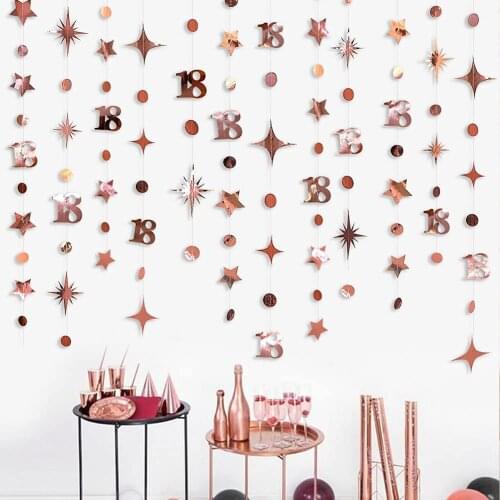 Rose Gold 18th Birthday Decor Number 18 Dots Star Garlands Hanging for Girls 18 Year Old Eighteenth Anniversary Party Supplies