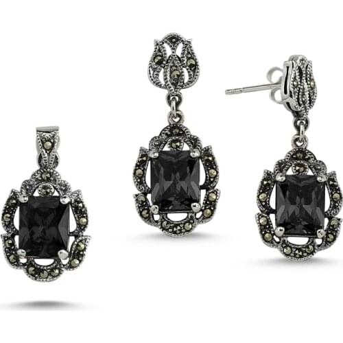 Silver 925 Sterling Marcasite Cubic Zirconia Pendant & Earrings Set