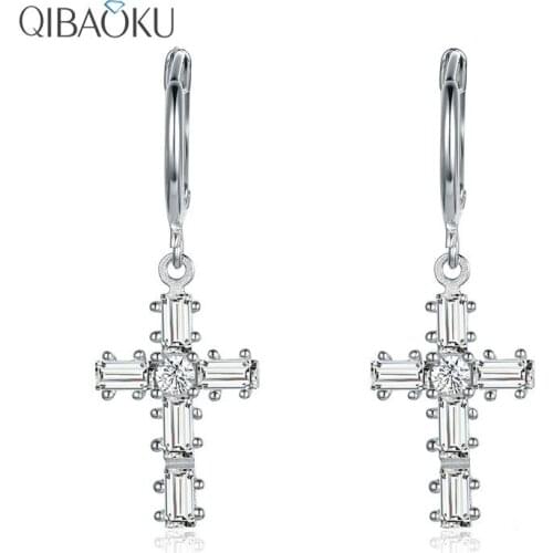 Sterling Silver 925 Crystals Cross Earring with Rhinestones Women Earrings Shiny Zircon Medium Dangling Ear Jewelry