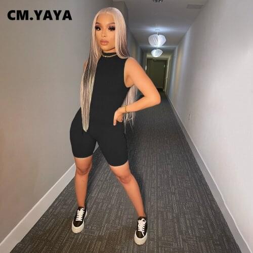 CM.YAYA Women Playsuit Solid Sleeveless O-neck Body Elastic Sheath Playsuits Casual Tracksuit One Piece Set Summer Outfit 2021