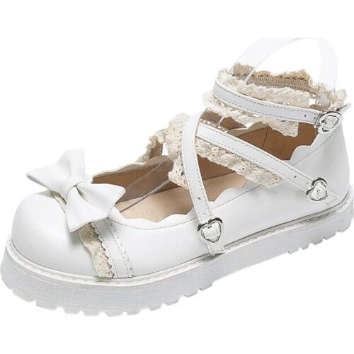 Lolita Shoes Women Flats Low Round With Cross Straps Bow Cute Girls Princess Tea Party Shoes Students Lovely Shoes Jk Cosplay