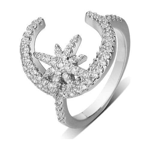 Vintage Moon Star Ring Women Simple Silver Color Micro Zircon Fashion Rings Girls Jewelry Gift Zk40