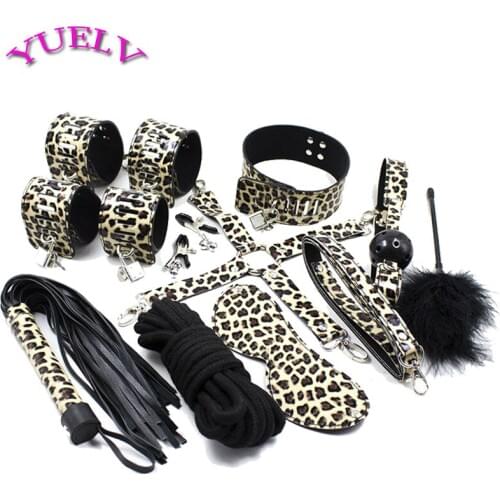 YUELV 10Pcs/Set Adult Game Leather Bondage Kit Blindfold Gag Whip Rope Nipple Clamps Cuffs Fetish Restraints Sex Toys For Couple