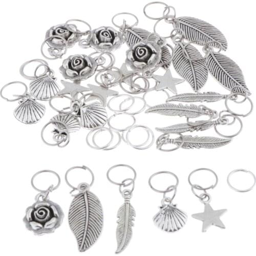 35Pcs Metal Hair Braid Pins Rings Hoops Hip Hop Hair Decor Clip Pin Braiding Flowers Star Leaf Shell Feather DIY Accessory