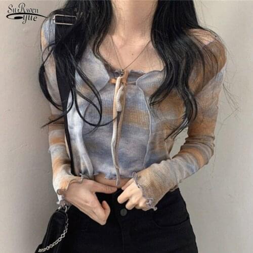 Chemisier Femme Tie Dye Blouse Women Sexy V-Neck Long Sleeve Female Top Summer 2020 New Casual Lace Up Ladys Blouse+Camis 10372