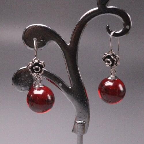 New Arrival S925 Sterling Silver Earrings Women Luck Garnet Ball Flower Dangle Earrings 32x12mm