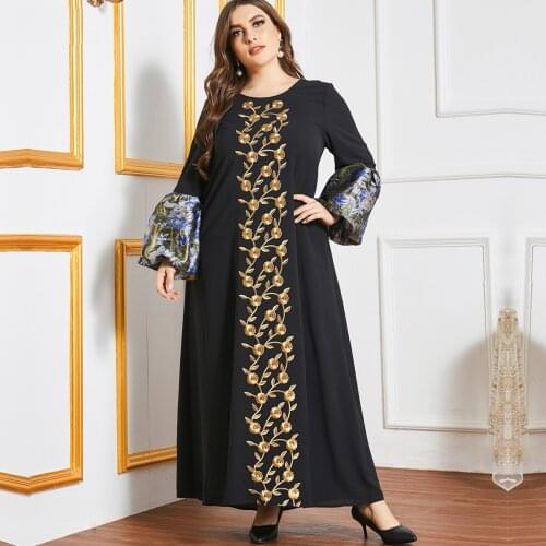 Plus Size 3XL Women Maxi Dress Loose Embroidery Puff Sleeves Arabic Muslim Abaya Robe Curve Dresses Elegant Modesty Black