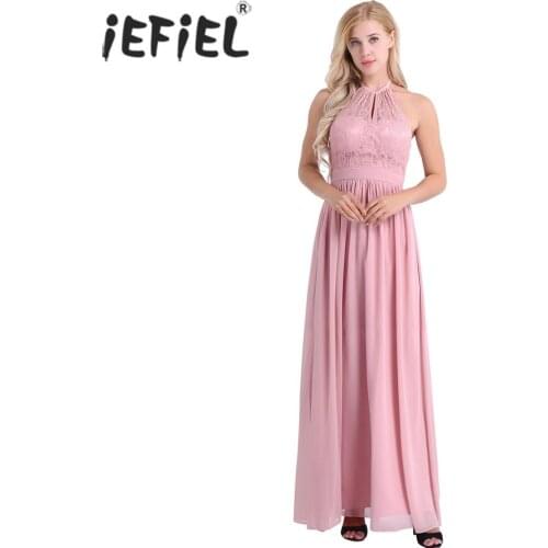 IEFiEL Women Vestido de festa Halter Lace Floral Sleeveless Chiffon Dress Ladies Weeding Birthday Party Summer Prom Gown Dress