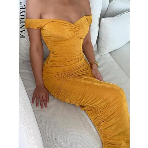 Fantoye Suede Off-Shoulder Long Womens Dress 2021 Spring Sexy Female Pleated Wrap Bodycon Dress Elegant Party Dresses Vestidos