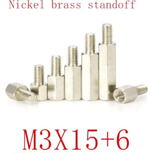 100PCS m3x15+6 Male to Female nickel Brass Standoff Spacer M3 Hexagonal Stud Spacer Pillars