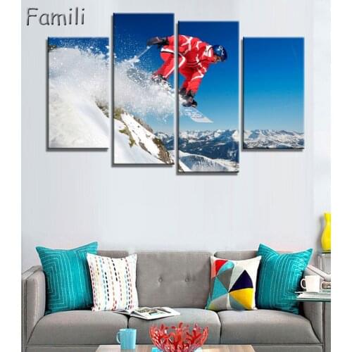 4pcs Skiing Skier Framed wall art picture Artistic Printed Drawing on Canvas Printed Home Decor Spray Oil Painting Decoration