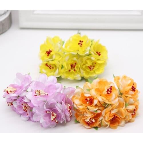 6pcs Artificial Flower Yellow Stamen Cherry For Wedding Home Decoration Accessories Floral Scrapbooking DIY Craft Supplies