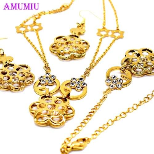 AMUMIU Fashion jewelry sets for women Flower Star Stainless Steel Necklace Earrings Pair Bracelet Set JS101