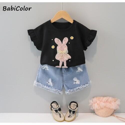 BabiColor Baby Girl Clothes Girl summer cute Clothing Suit Short Sleeve + Cowboy Shorts 2Pieces Of Sequined Rabbit Print 0-4Y