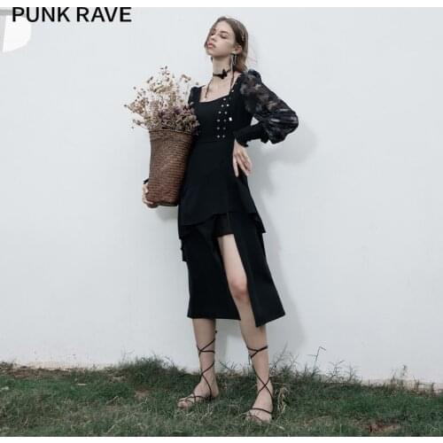 PUNK RAVE Girls Square Collar Irregular Super Fairy Long Dress Temperament A-line Waist Show Thin Sexy Little Black Dress