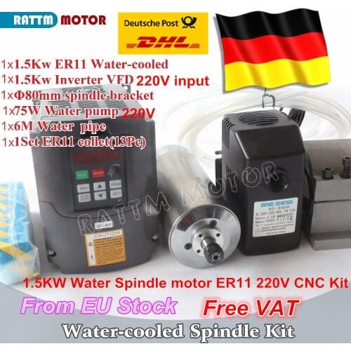 1.5KW Water-cooled spindle motor ER11/ 24000rpm & 1.5kw Inverter VFD 220V & 80mm Clamp & 75W Water pump/pipes with 1set Collet