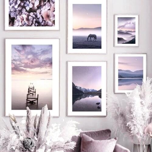 Purple Landscape Horizon Horse Calm Lake Flower Mist Nordic Poster Wall Art Print Canvas Painting Decor Pictures For Living Room