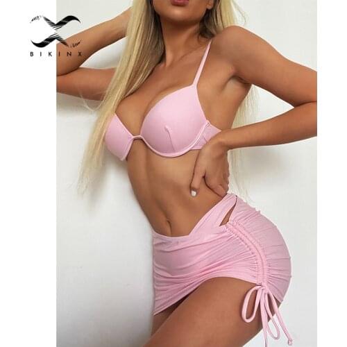3 pieces solid skirt swimwear Underwired push up bikini set High cut swimsuit womens swimming suit Sexy bathing suit Beach wear