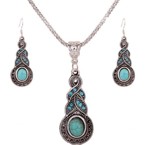 Vintage Gourd Blue Natural Stone Jewelry Set Antique Silver Color Necklace Sets Pendant Earrings For Women Grils Jewelry Sets