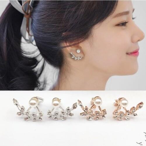 Korean Cz Rhinestone Pearl Leaves Earrings Non Pierced Earrings Ear Clip on Earrings for Party Wedding All-match Jewelry