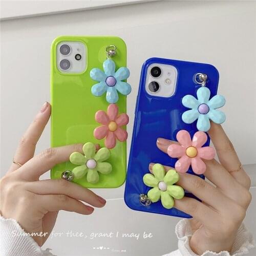 Korea 3D Flower Bracelet Phone Case For iPhone 11 12 Pro Max XR XS SE 2020 7 8 Plus Candy Color TPU Jelly Soft Cover Chain Coque
