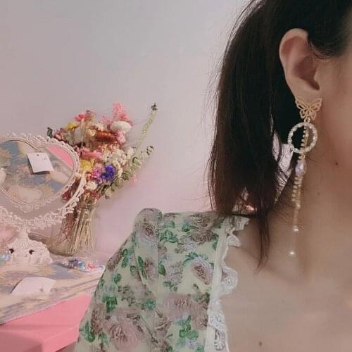 Fashion Korean Metal Hollow Butterfly Long Beautiful Drop Earrings For Women Girls Cricle Crystal Long Tassel Pendientes Jewelry