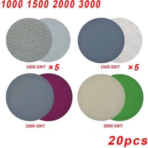 20Pcs 3"/5" Hook Loop Wet Dry Sanding paper Sand Pads Set 1000/1500/2000/3000 Grit Sander Disc Abrasives for polish machine