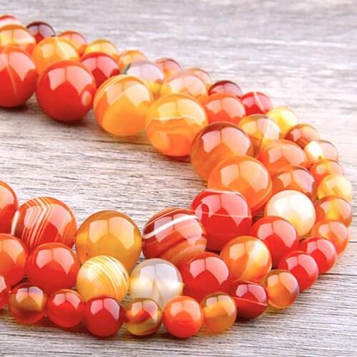 Natural orange agates Stone Beads Smooth Striped Agates Round stone loose spacer beads For Jewelry Making Diy Bracelets handmade