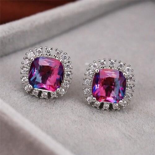 Charming Blue Purple Crystal Square Stud Earrings For Women Wedding Jewelry Vintage Fashion Silver Color Rainbow Stone Earrings