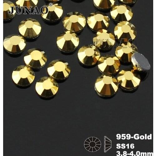 JUNAO SS16 Gold Color Hotfix Crystal Rhinestones Hot Fix Glass Strass Flat Back DMC Iron On Crystal Stones For Clothes Dress